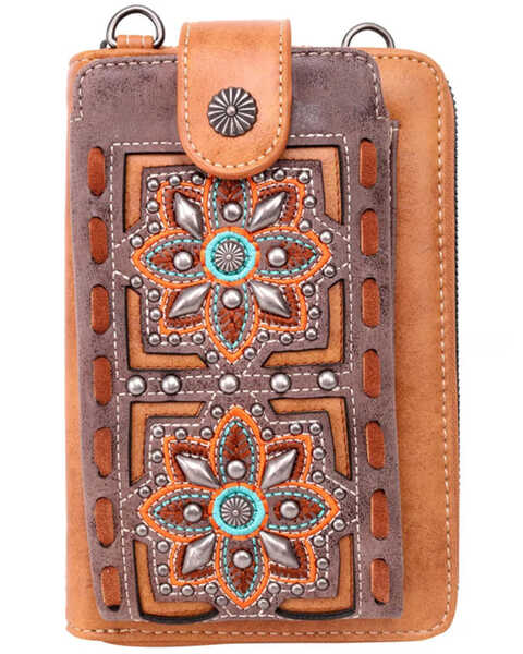 Montana West Women's Embroidered Collection Phone Wallet Crossbody Bag, Tan, hi-res