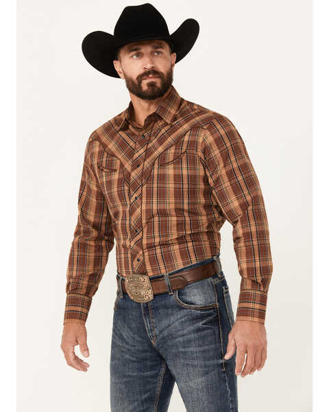 Image #1 - Roper Men's Plaid Print Embroidered Long Sleeve Snap Western Shirt, Brown, hi-res