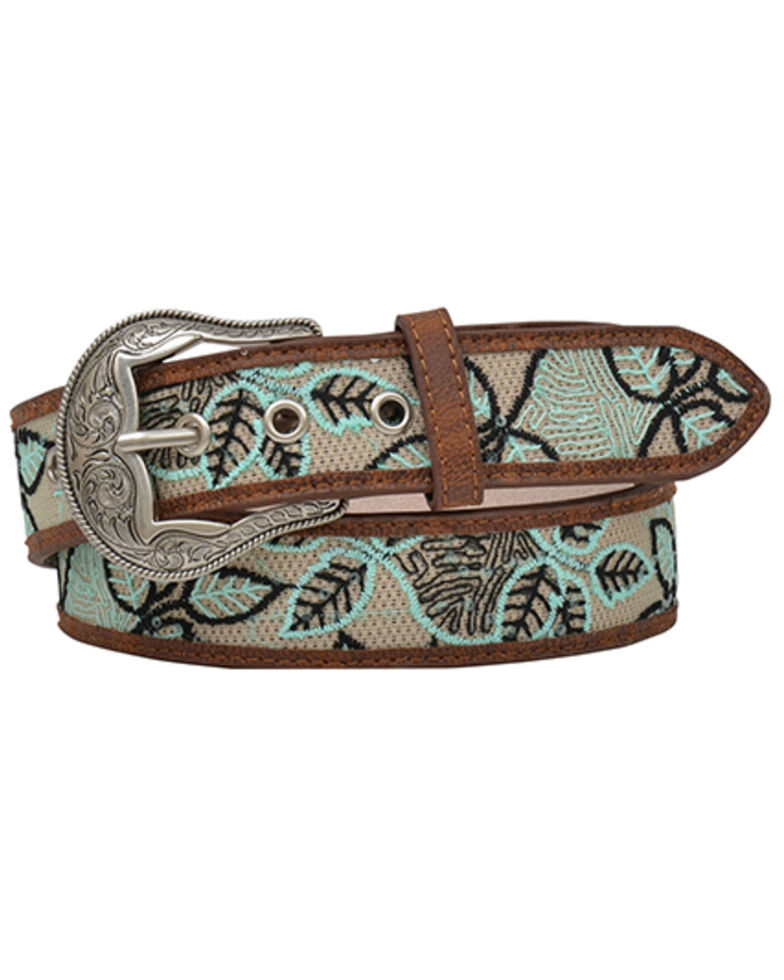 M & F Western Women's Brown With Black & Mint Floral Leaf Belt, Brown, hi-res