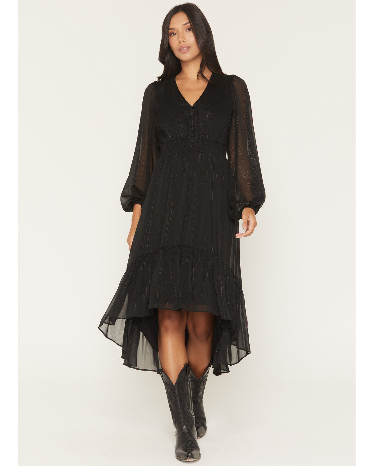 Image #1 - Shyanne Women's Josephine Faux Button-Down Long Sleeve Lurex Midi Dress, Black, hi-res