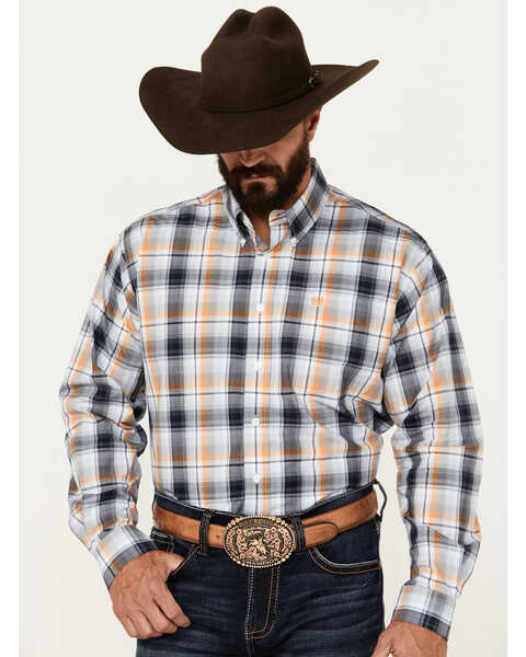 Cinch Men's Plaid Print Long Sleeve Button-Down Western Shirt, Light Blue, hi-res