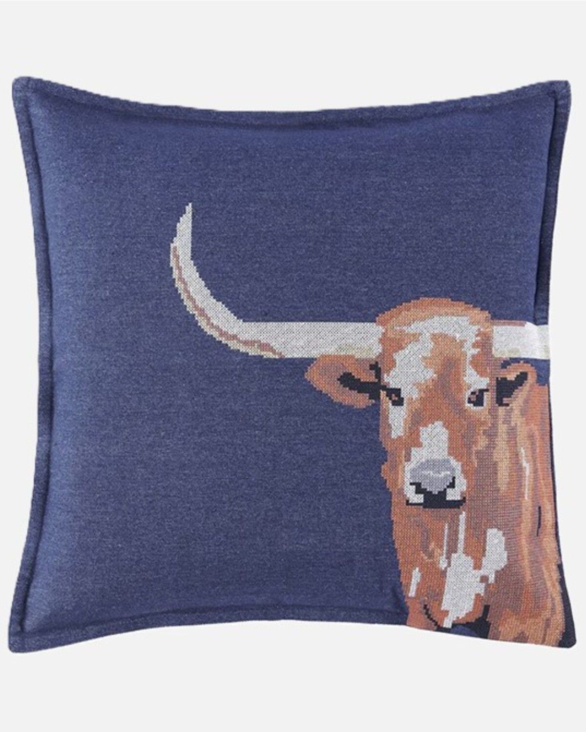 HiEnd Accents Denim Cross Stitched Embroidered Longhorn Pillow, Blue, hi-res