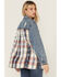 Image #4 - 26 International Women's Plaid Print Long Sleeve Button-Down Denim Shacket, Blue, hi-res
