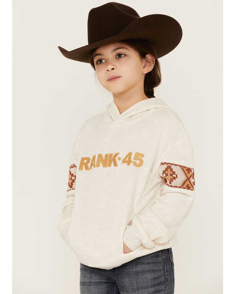 RANK 45® Girls' Embroidered Southwestern Long Sleeve Logo Pullover Hooded Sweatshirt, Oatmeal, hi-res