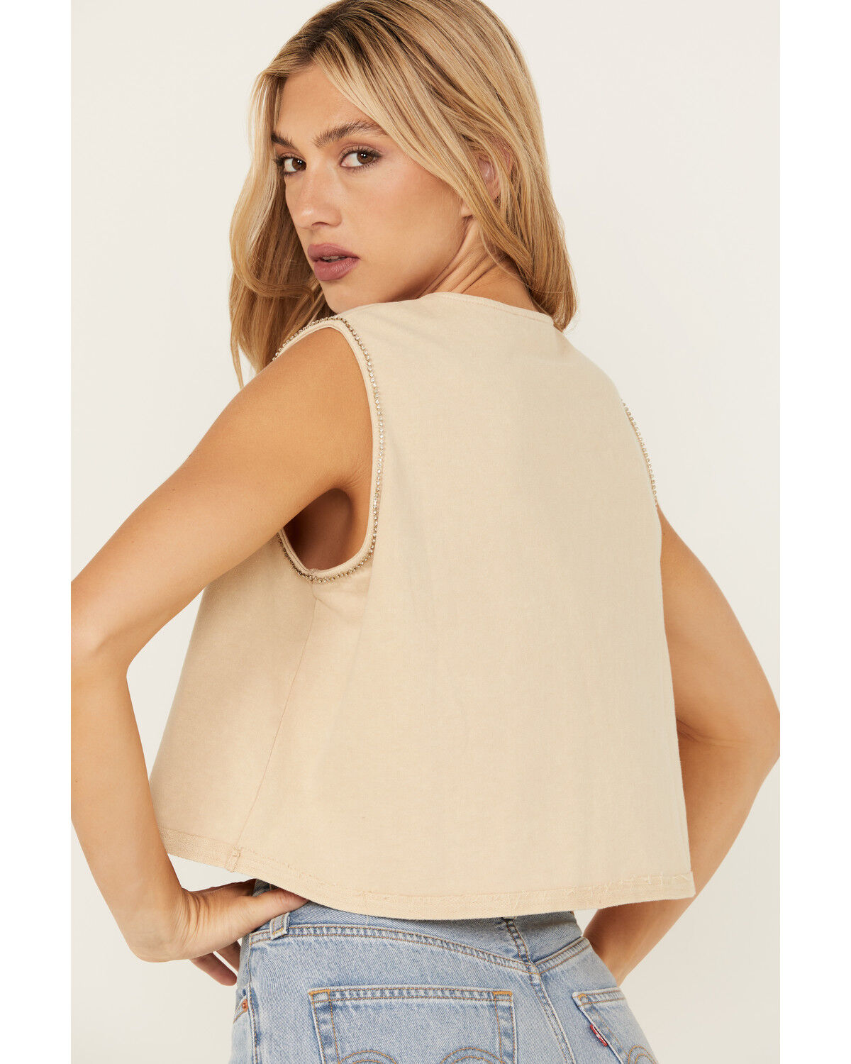 Image #4 - B Blue B Women's Cropped Rhinestone Tank Top, Tan, hi-res