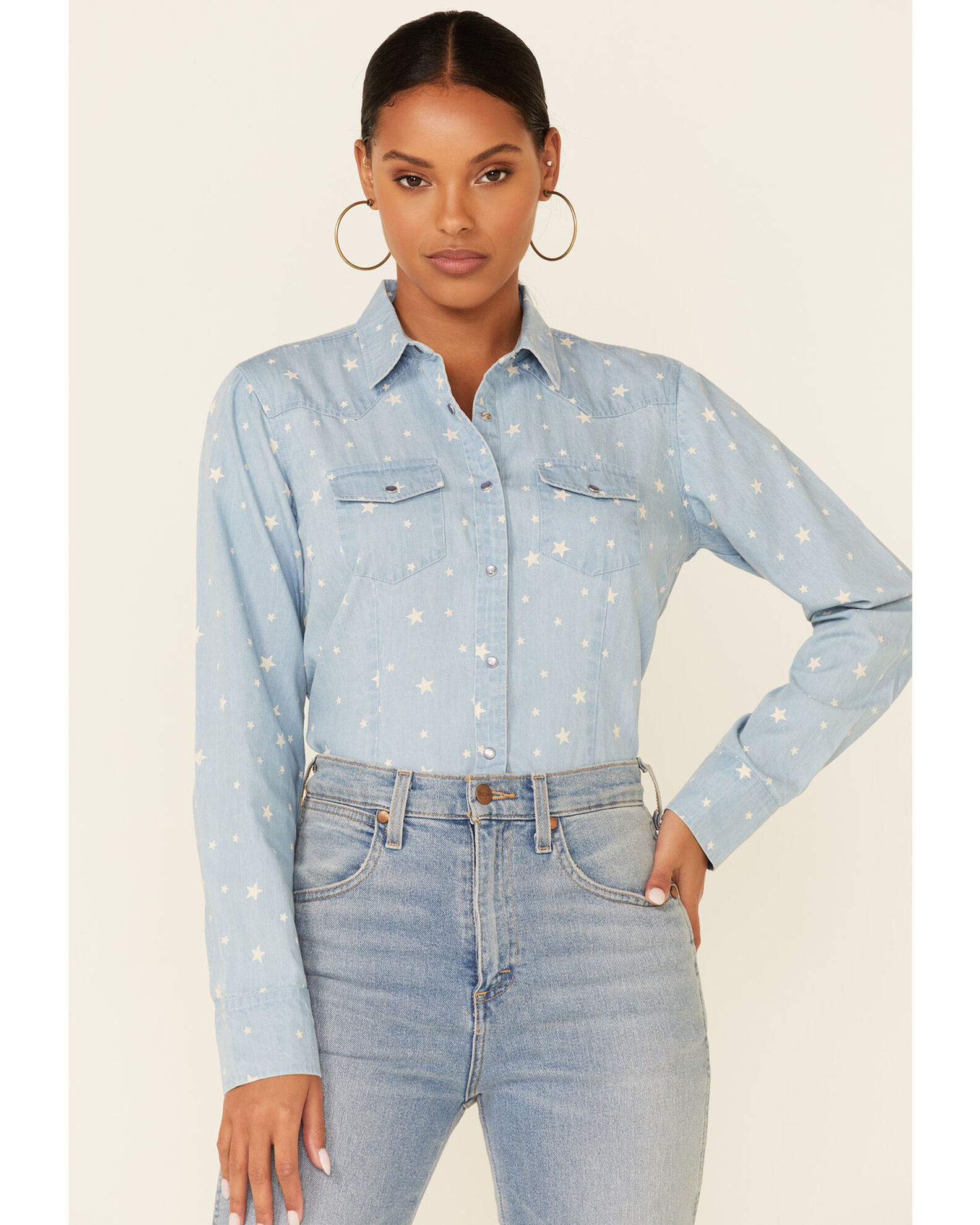 Product Name Cotton Rye Outfitters Women s Chambray Stars At Night Print Long Sleeve Snap Western Shirt
