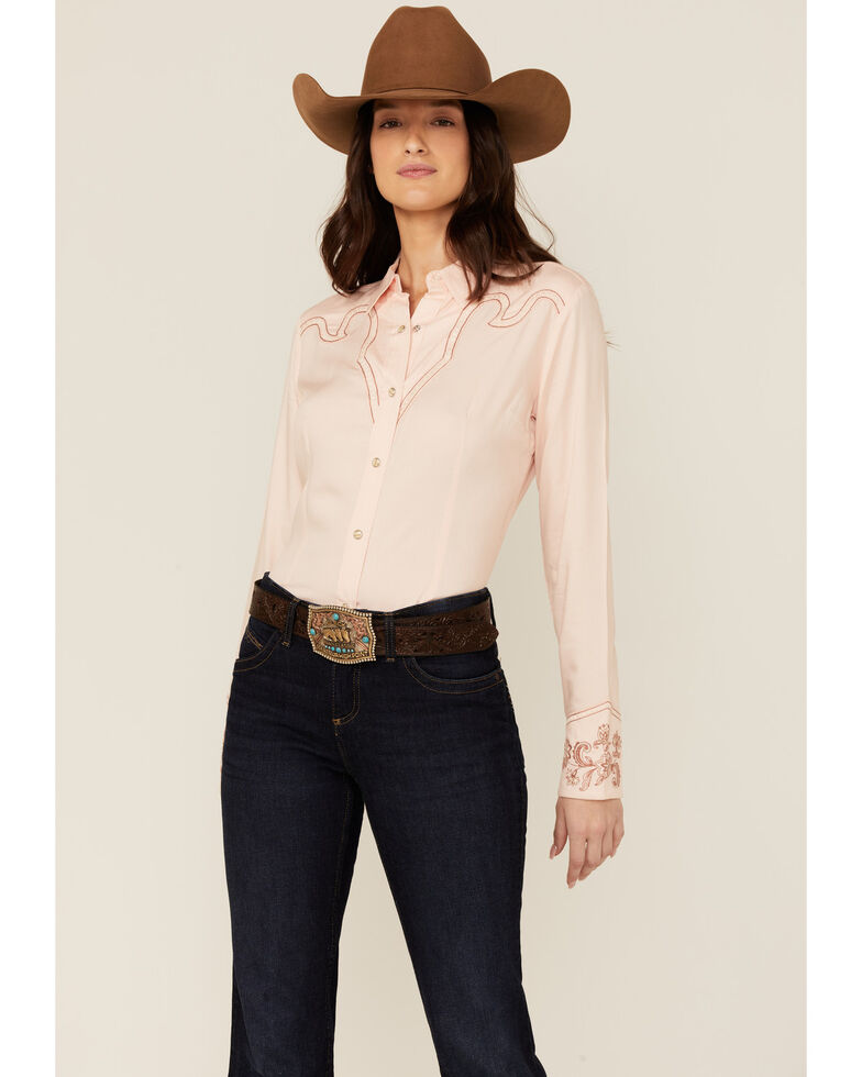 Wrangler Women's Pink Embroidered Cuff Western Snap Shirt, Pink, hi-res