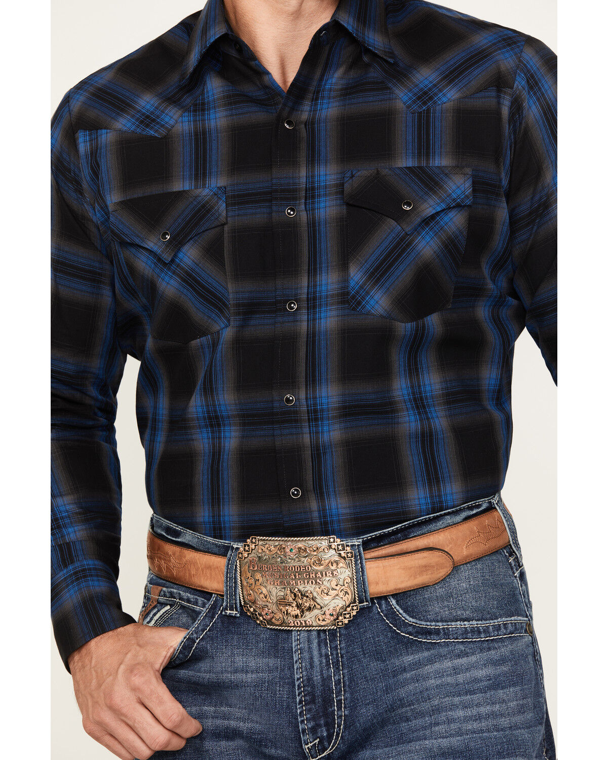 Image #3 - Ely Walker Men's Plaid Print Long Sleeve Snap Western Shirt, Black, hi-res