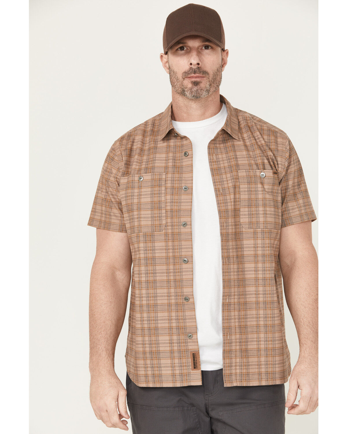 Image #1 - Lucky Brand Workwear Men's Plaid Print Short Sleeve Button-Down Work Shirt, Tan, hi-res
