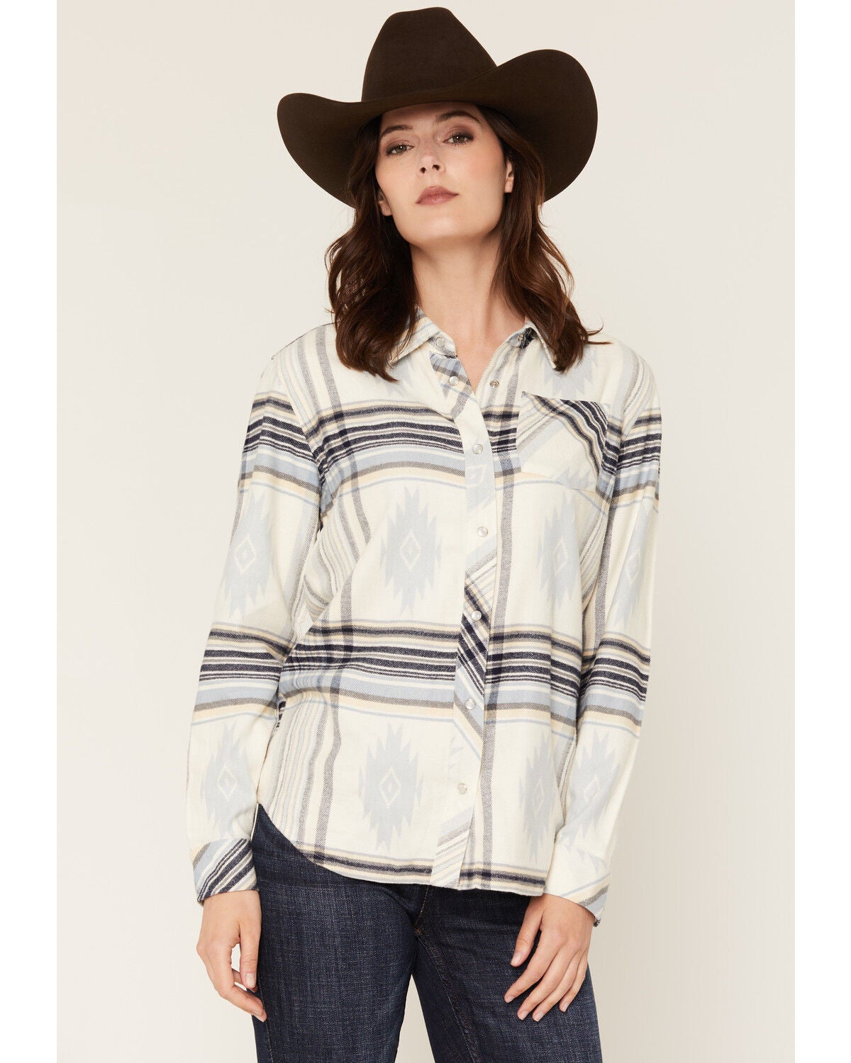 Image #1 - Idyllwind Women's Mayfair Southwestern Plaid Print Long Sleeve Pearl Snap Flannel Shirt, Dusty Blue, hi-res