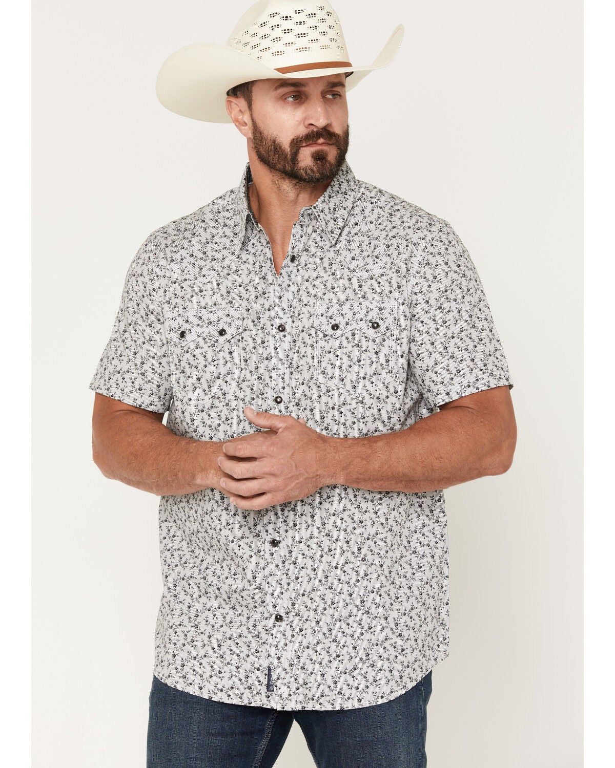 Image #1 - Moonshine Spirit Men's Runaway Floral Print Short Sleeve Snap Western Shirt, White, hi-res