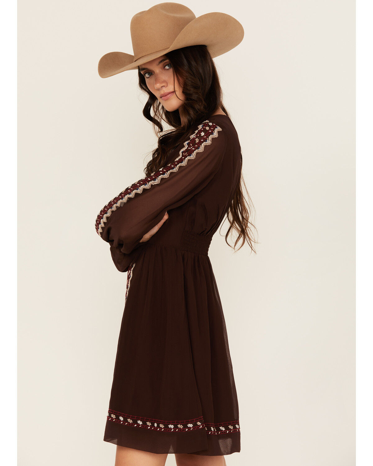 Image #2 - Shyanne Women's Georgette Embroidered Long Sleeve Mini Dress, Chocolate, hi-res