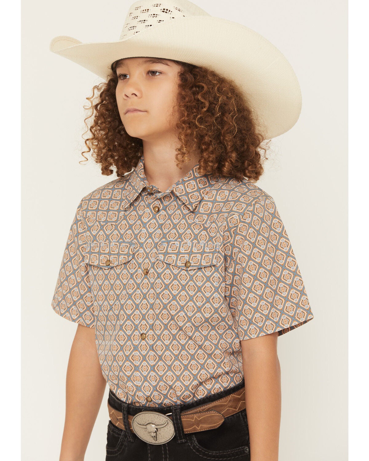 Image #2 - Gibson Trading Co Boys' Floyd Geo Print Short Sleeve Snap Western Shirt, Blue, hi-res