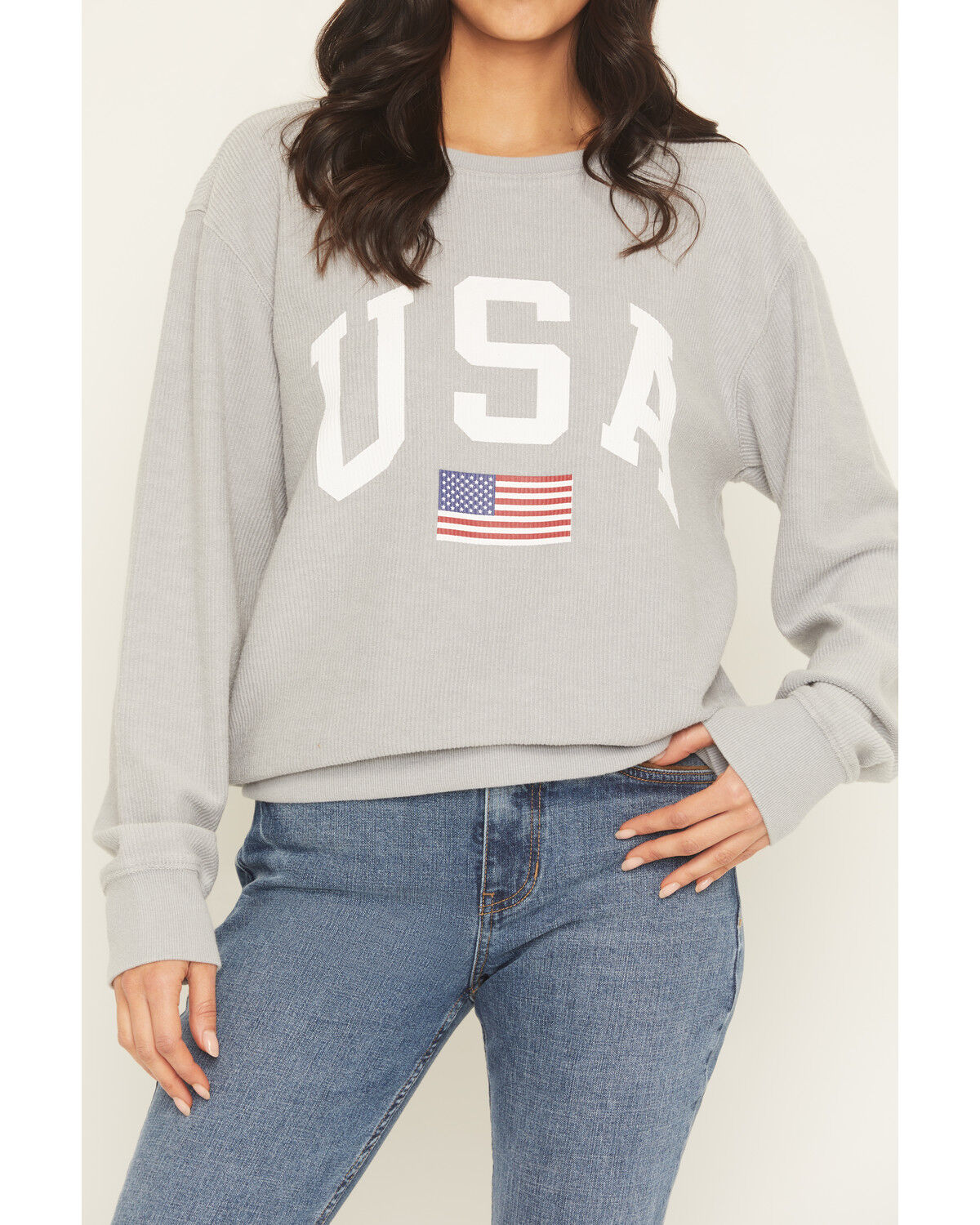 Image #3 - Blended Women's USA Flag Crewneck Sweater, Grey, hi-res