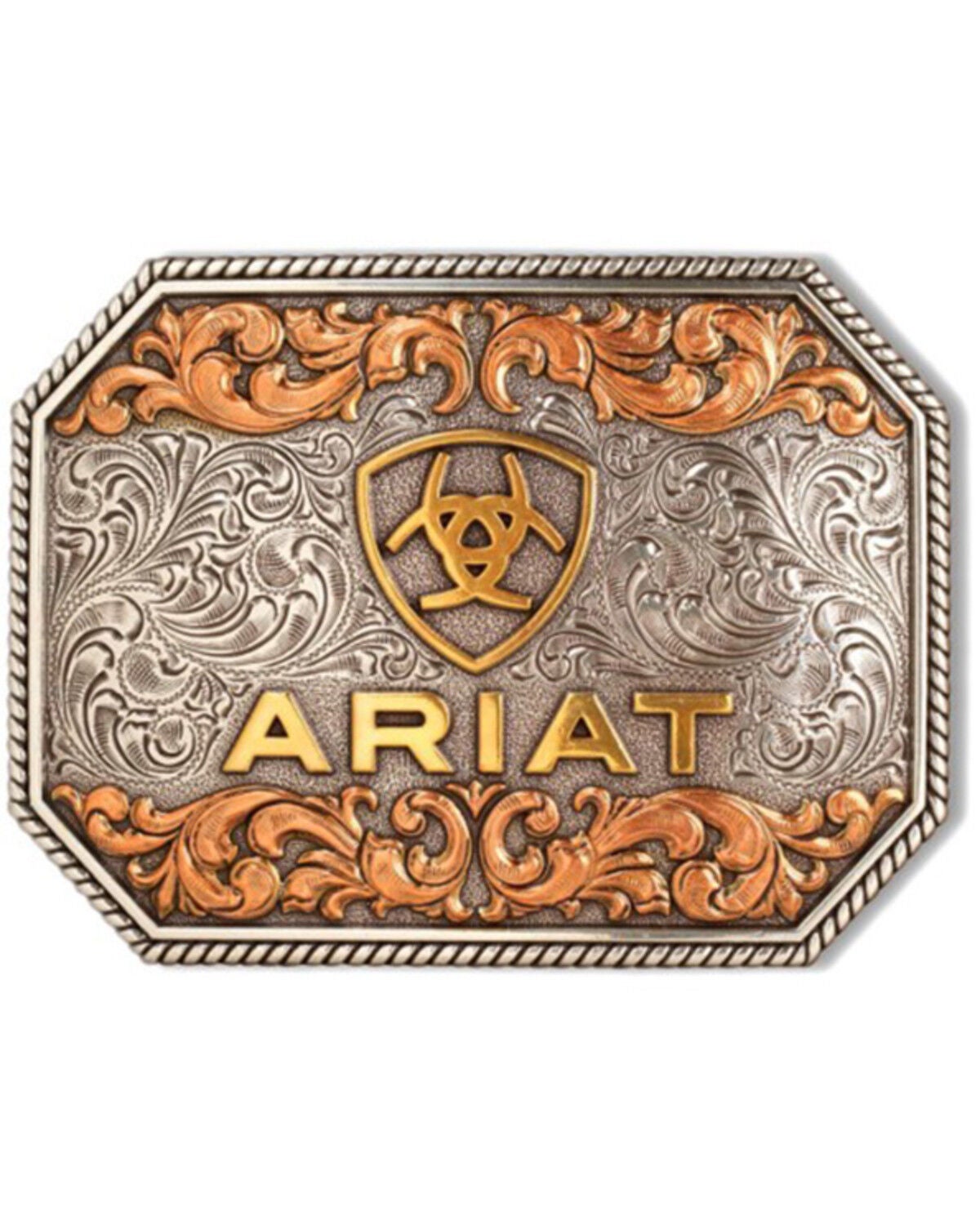 Ariat Men's Tri-Tone Logo Rectangular Belt Buckle, Silver, hi-res
