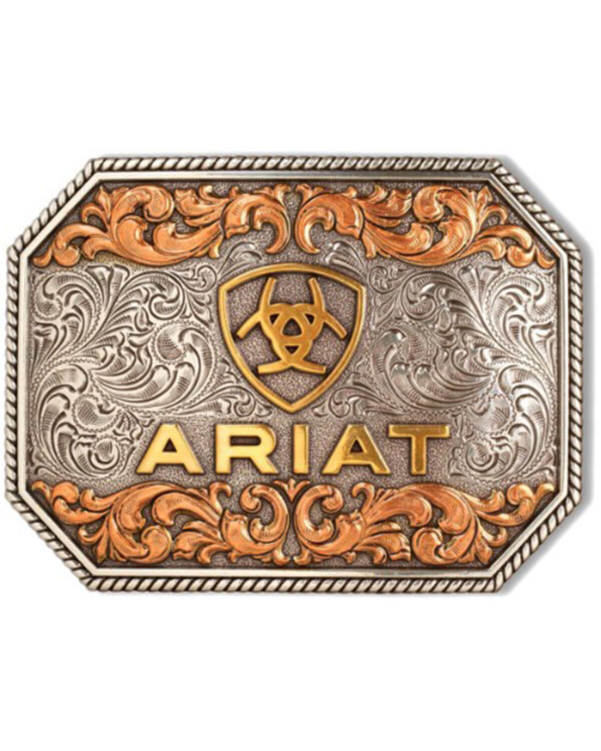 Image #1 - Ariat Men's Tri-Tone Logo Rectangular Belt Buckle, Silver, hi-res