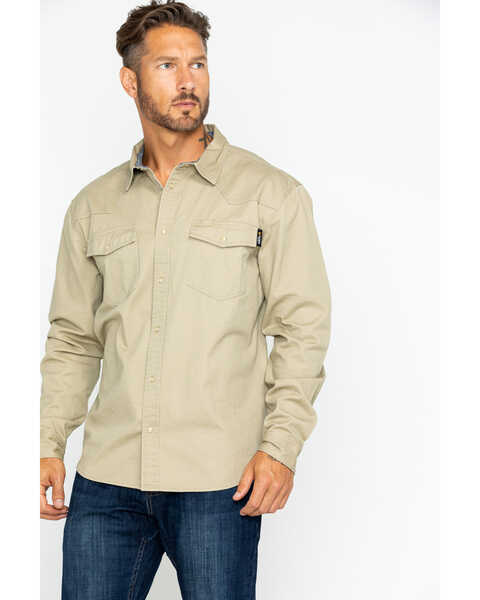 Image #1 - Hawx Men's Solid Twill Pearl Snap Long Sleeve Work Shirt , Beige/khaki, hi-res