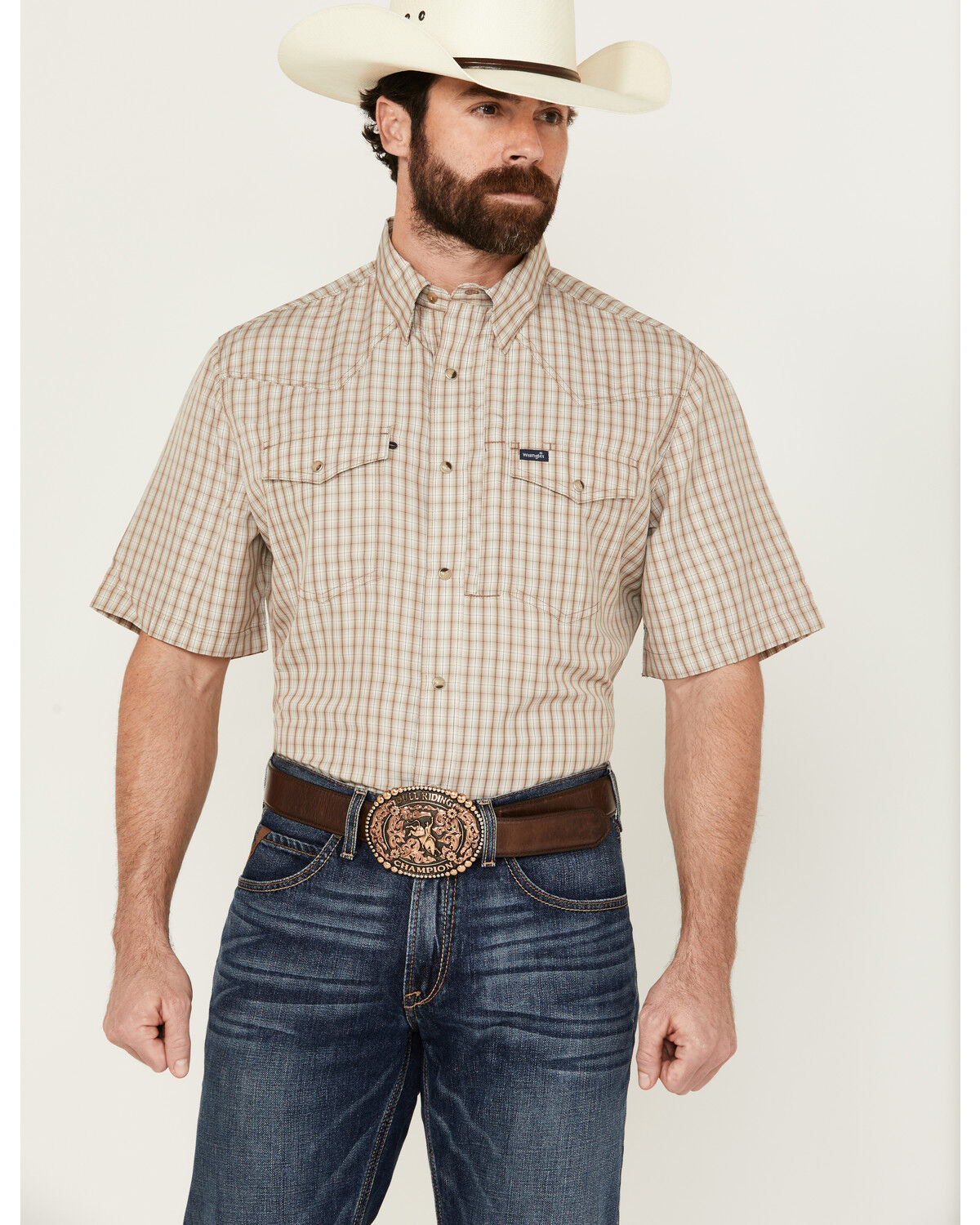 Image #1 - Wrangler Men's Plaid Print Short Sleeve Snap Performance Western Shirt, Tan, hi-res