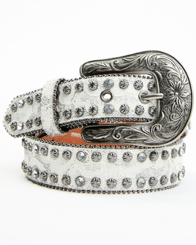 Shyanne Girls' Shy White Lace Clear Stones Studded Belt, White, hi-res