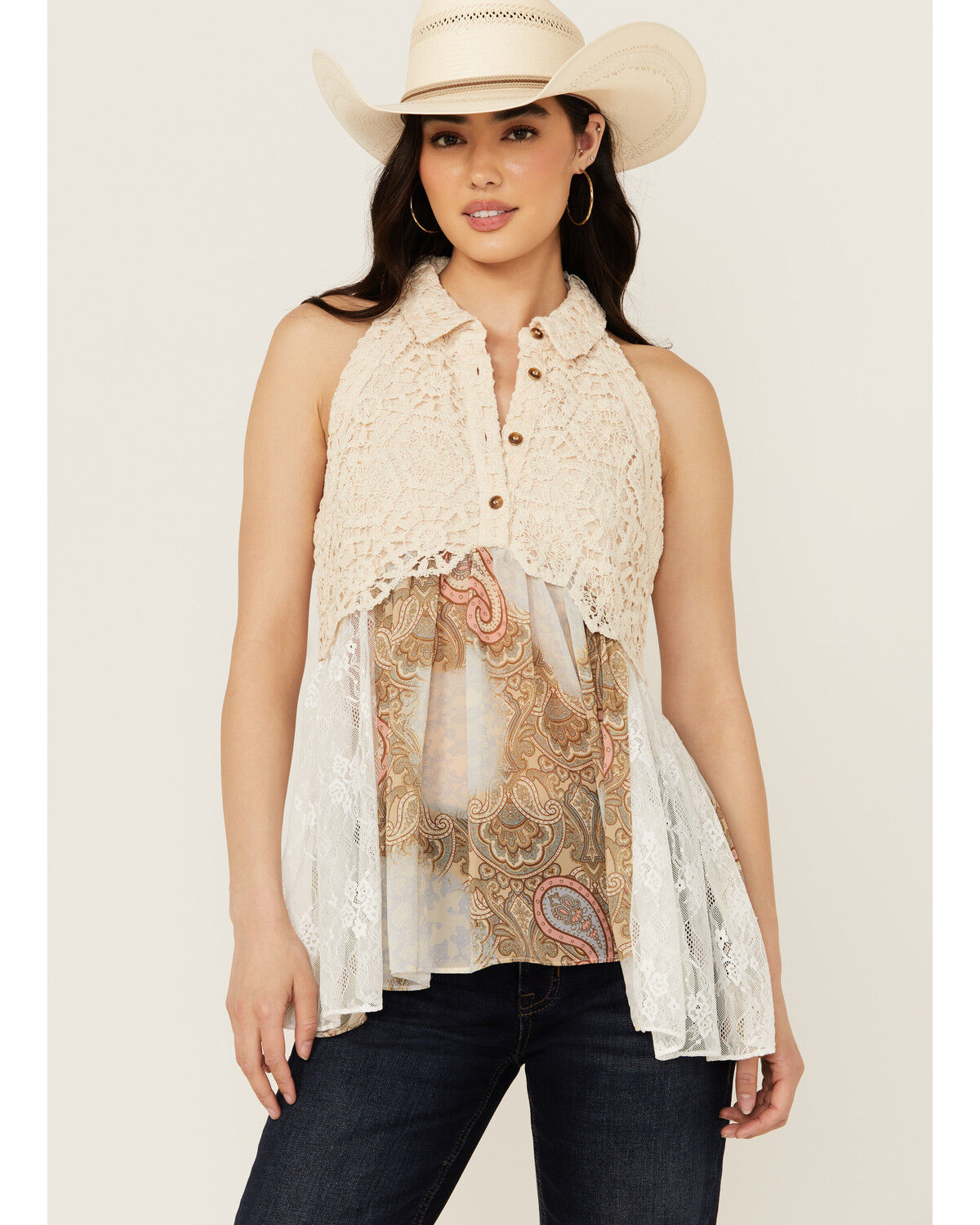 Image #1 - Miss Me Women's Crochet Tank, Natural, hi-res