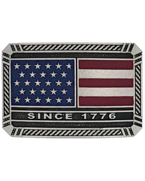 Montana Silversmiths Trimmed Square American Flag Attitude Belt Buckle, Silver, hi-res