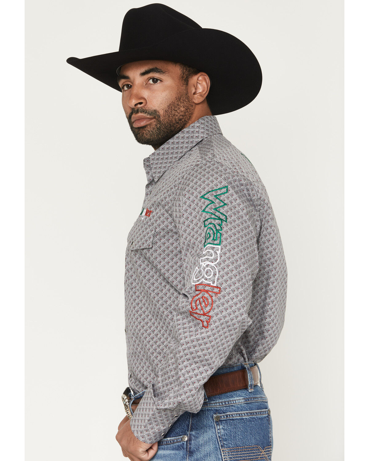 Image #2 - Wrangler Men's Mexico Logo Geo Print Long Sleeve Snap Western Shirt, Grey, hi-res