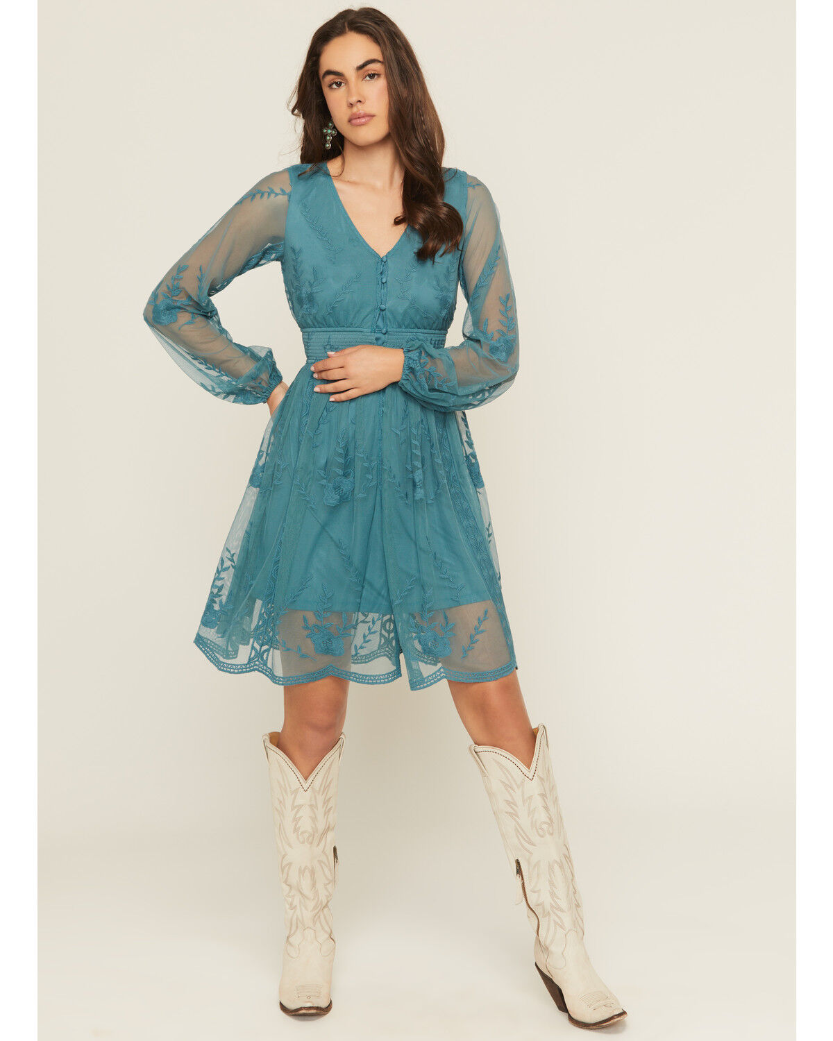 Image #1 - Shyanne Women's Embroidered Mesh Long Sleeve Button Front Mini Dress, Turquoise, hi-res