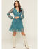 Image #1 - Shyanne Women's Embroidered Mesh Long Sleeve Button Front Mini Dress, Turquoise, hi-res