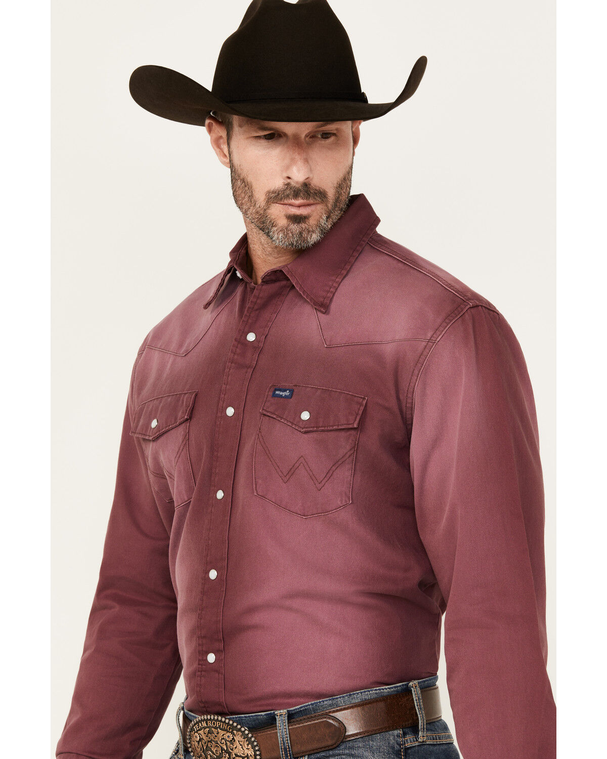 Image #2 - Wrangler Men's Vintage Washed Solid Long Sleeve Snap Western Shirt, Red, hi-res