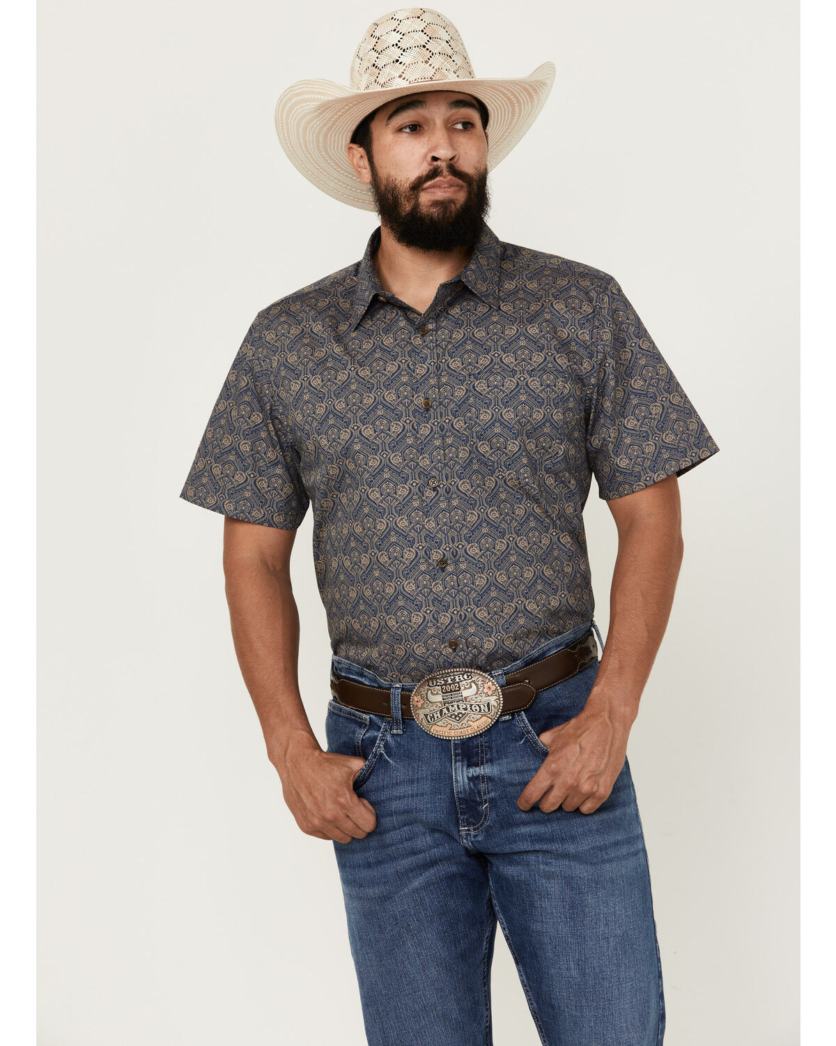 Image #1 - Gibson Trading Co Men's Rain Down Medallion Print Short Sleeve Button-Down Western Shirt, Navy, hi-res