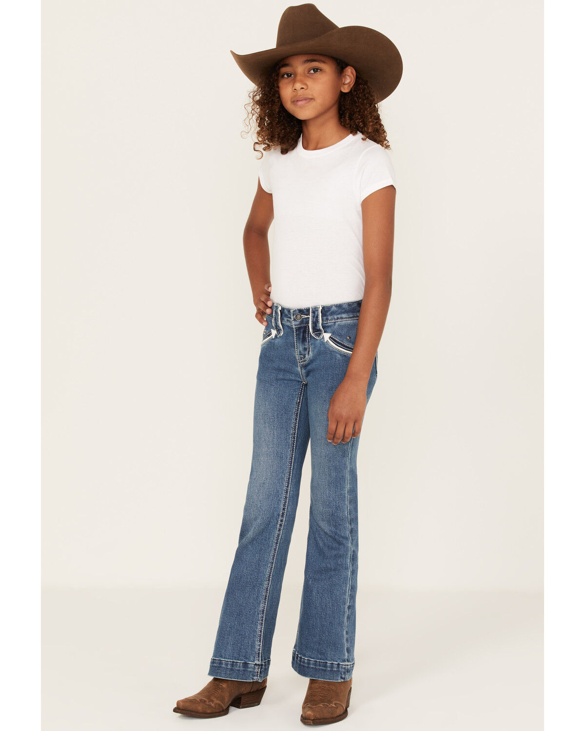Image #1 - Rock & Roll Denim Little Girls' Medium Wash Arrow Pocket Trouser Jeans, Medium Wash, hi-res