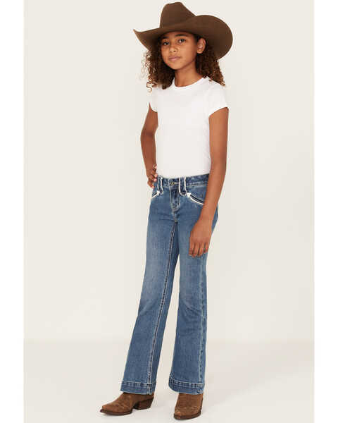 Rock & Roll Denim Youth-Girls' Medium Wash Arrow Pocket Trouser Flare Jeans, Medium Wash, hi-res