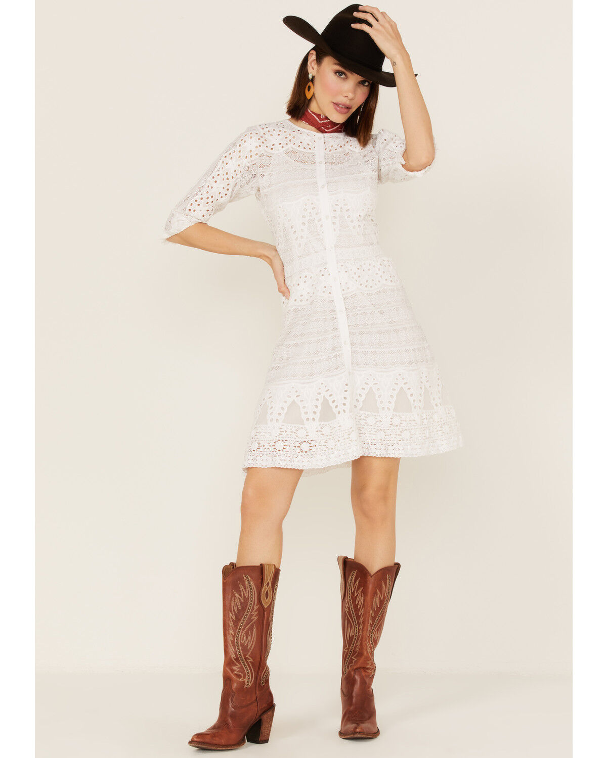 Image #2 - Maia Bergman Women's Vera Eyelet Lace Long Sleeve Mini Dress, White, hi-res