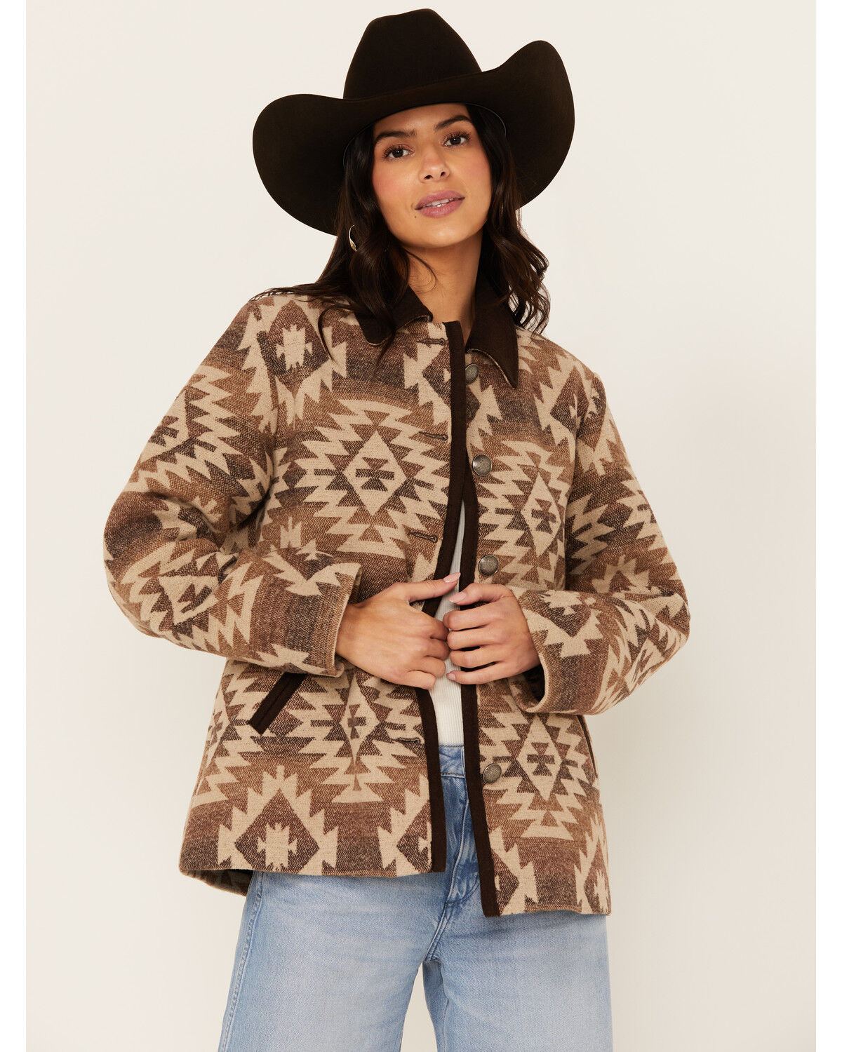 Image #1 - Cripple Creek Women's Southwestern Print Concho Jacket, Brown, hi-res