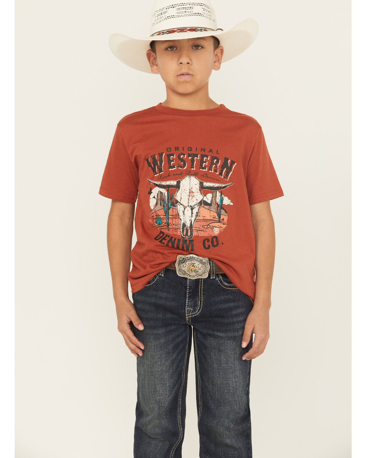 Image #1 - Rock & Roll Denim Boys' Longhorn Skull Logo Short Sleeve Graphic T-Shirt, Rust Copper, hi-res