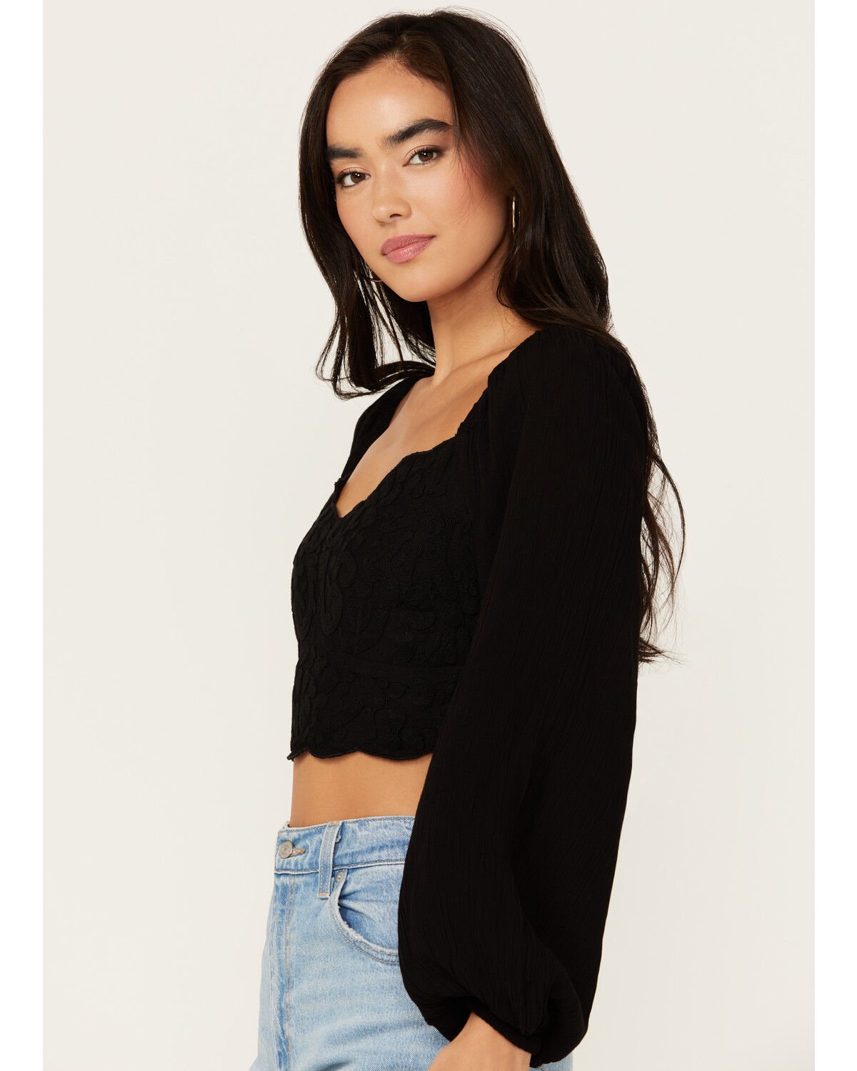 Image #2 - Shyanne Women's Embroidered Mesh Dot Poet Sleeve Crop Top, Black, hi-res