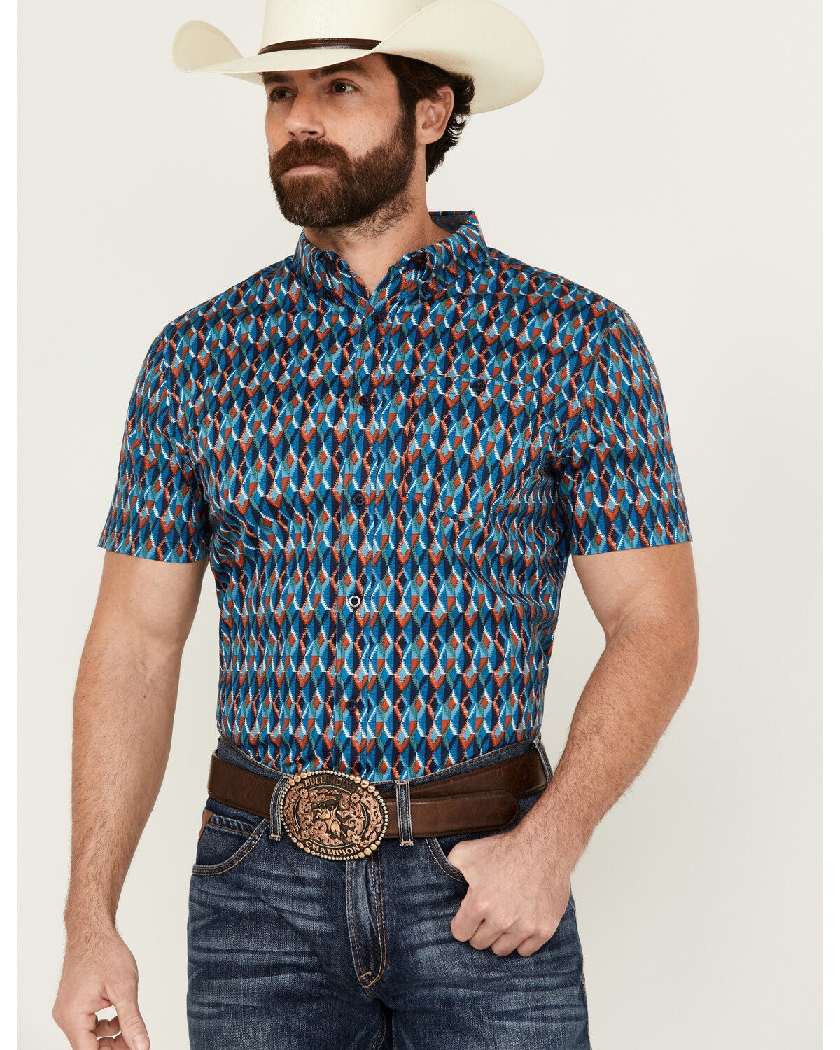 Image #1 - RANK 45&reg; Men's Weststamp Southwestern Geo Print Short Sleeve Button-Down Stretch Western Shirt, Dark Blue, hi-res
