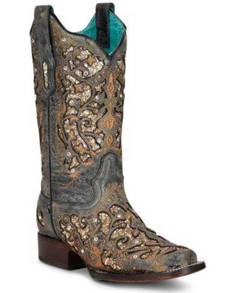 Corral Women's Glitter Inlay Western Boots - Square Toe, Black, hi-res