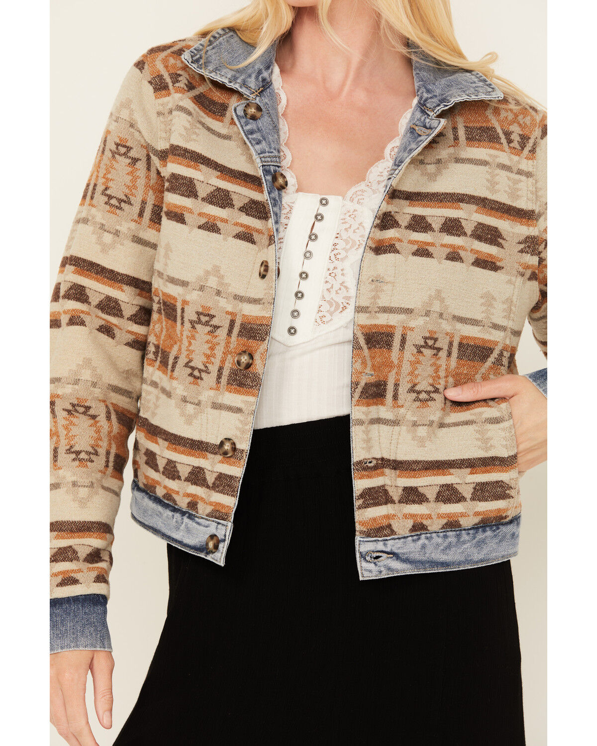 Image #3 - Idyllwind Women's Barton Reversible Denim Blanket Jacket, Light Wash, hi-res