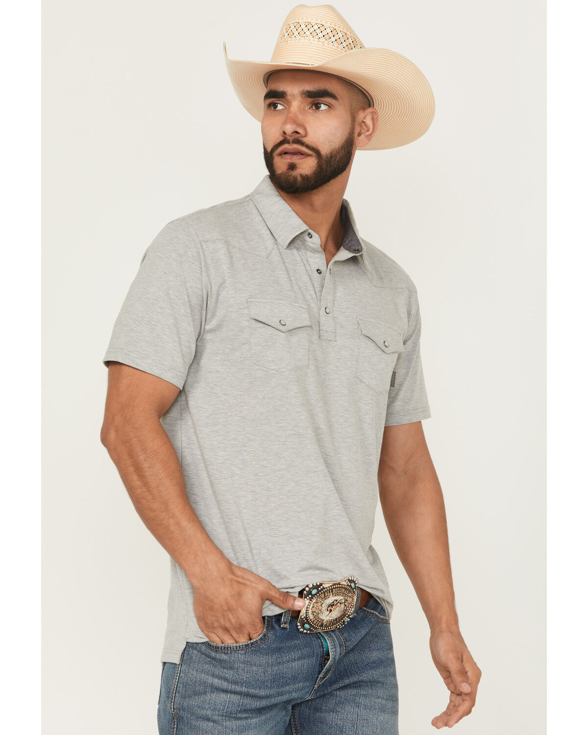 Image #2 - Ariat Men's Retro Solid Short Sleeve Snap Stretch Polo Shirt, Heather Grey, hi-res