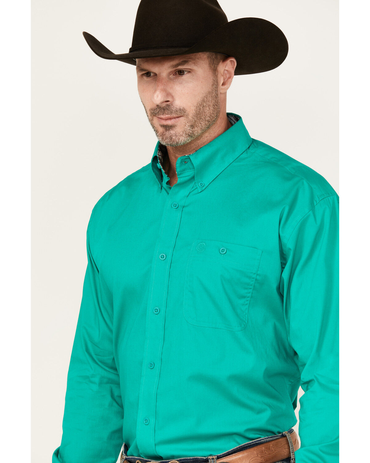 Image #2 - George Strait by Wrangler Men Solid Long Sleeve Button-Down Stretch Western Shirt, Green, hi-res