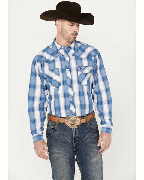 Image #1 - Cowboy Hardware Men's Hombre Plaid Print Long Sleeve Pearl Snap Western Shirt, Blue, hi-res