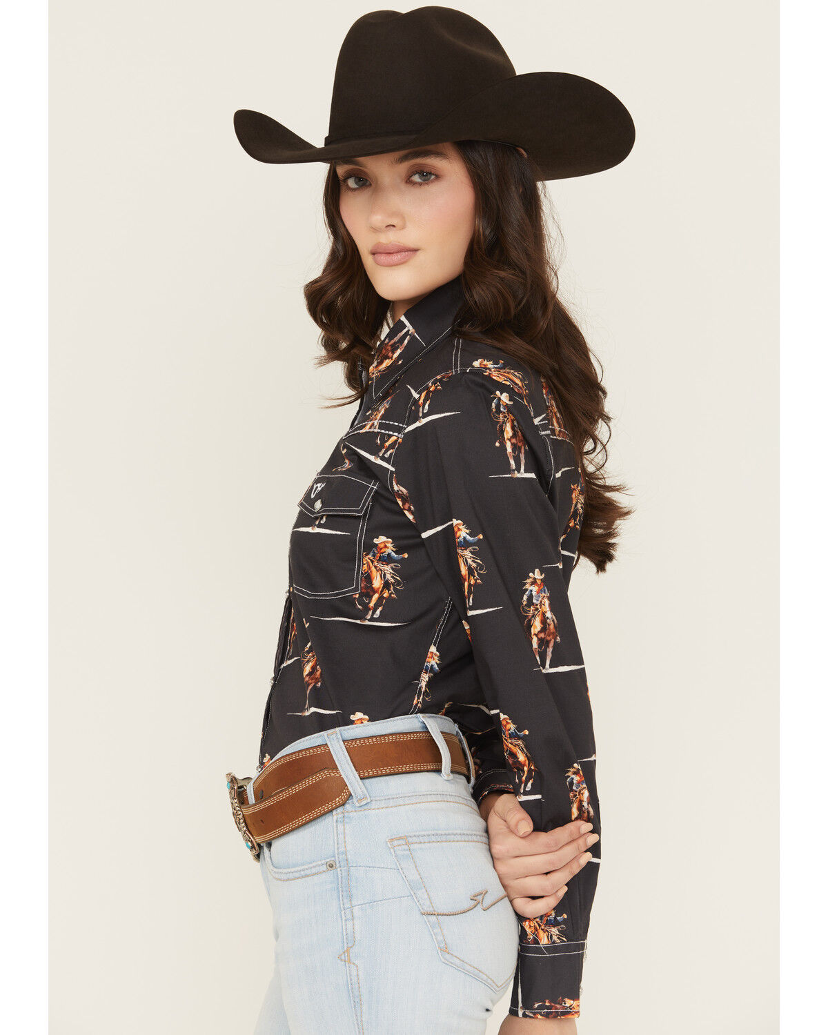 Image #2 - Cowgirl Hardware Women's Cowgirl Conversation Print Long Sleeve Snap Stretch Western Shirt, Black, hi-res