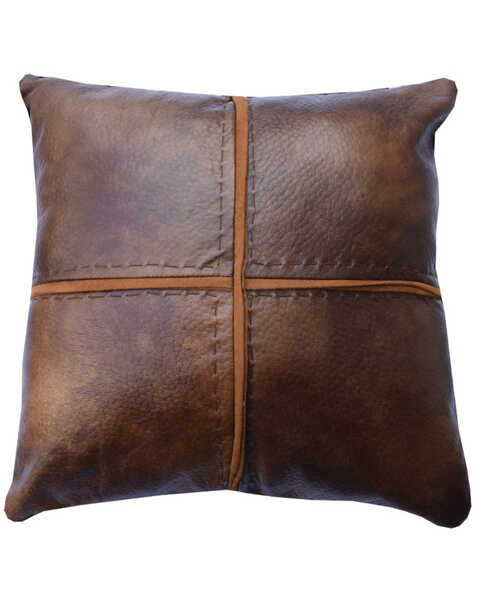 Image #1 - HiEnd Accents Brighton Faux Leather Cross Stitched Accent Pillow, Brown, hi-res