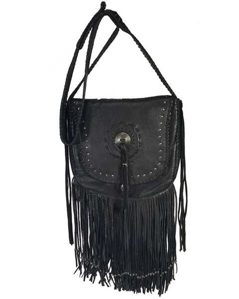 Kobler Leather Women's Concho Fringe Crossbody Bag , Black, hi-res