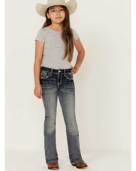 Grace in LA Girls' Medium Wash Geo Pocket Bootcut Stretch Denim Jeans, Medium Wash, hi-res