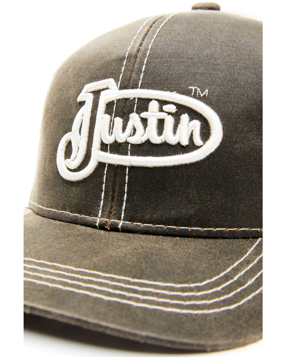 Image #2 - Justin Men's Brown Oilskin Embroidered Logo Mesh-Back Ball Cap, Brown, hi-res