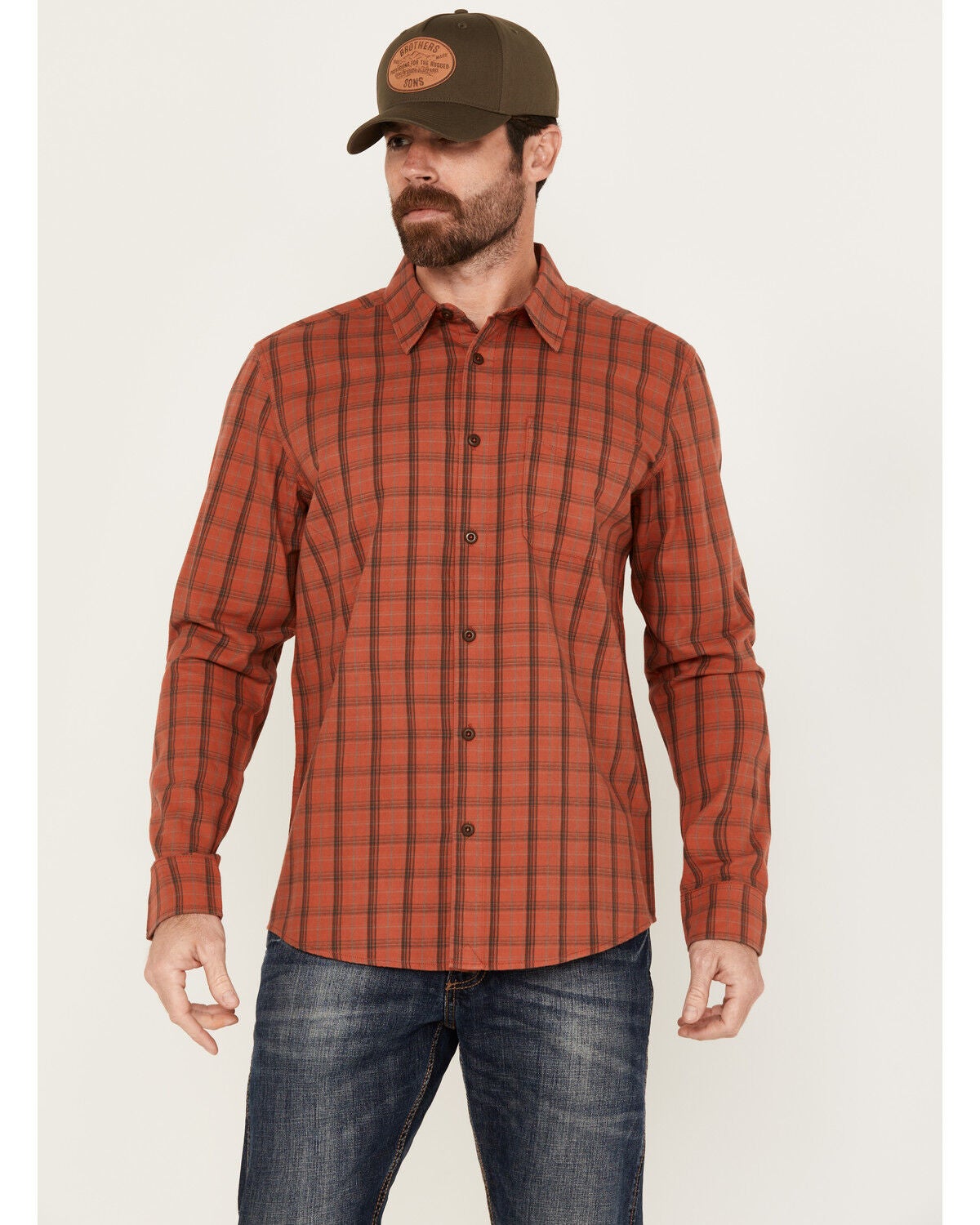 Brothers and Sons Men's Austin Plaid Print Long Sleeve Button Down Shirt, Medium Red, hi-res
