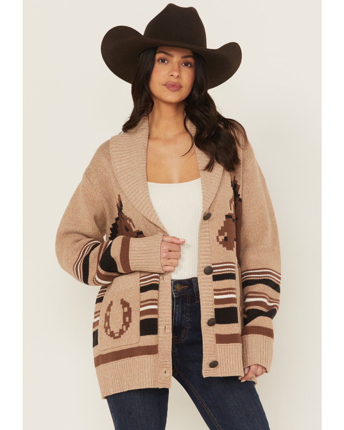 Image #1 - Wrangler Retro Women's Horse Cardigan, Brown, hi-res