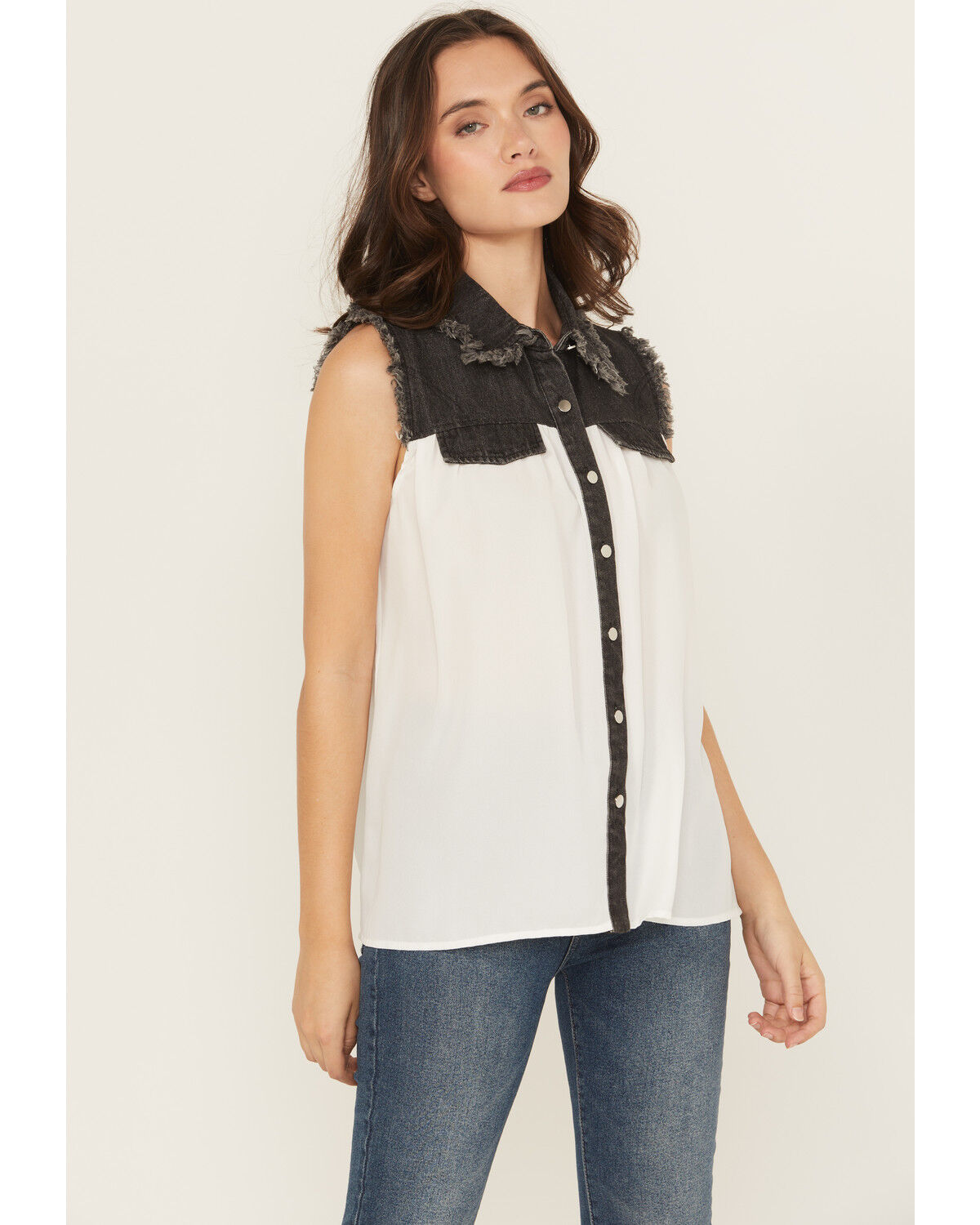 Image #1 - Cowgirl Hardware Women's Sleeveless Denim Chiffon Blouse, Black, hi-res